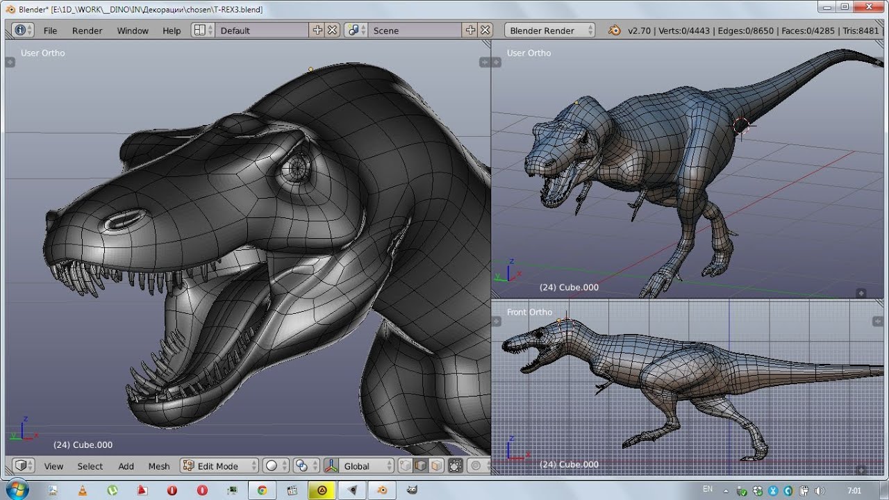1D Blender static T-Rex dinosaur - stripe organic modeling workflow
