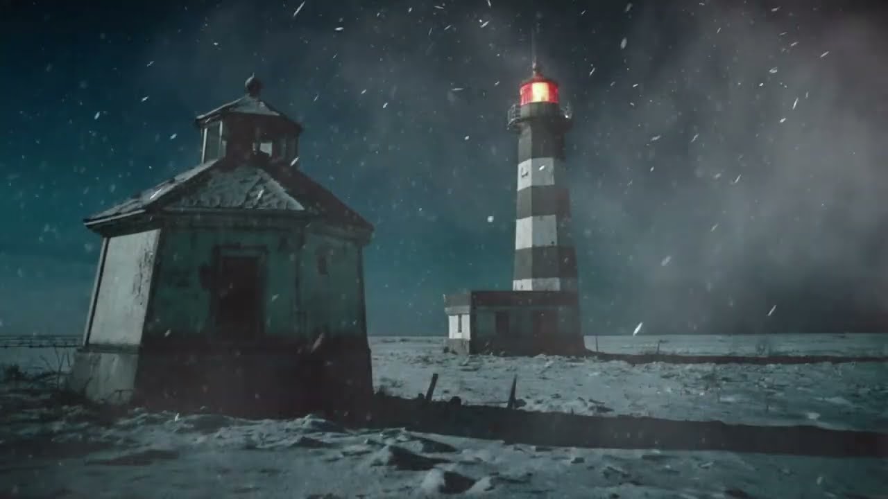 Sounds of a Heavy Night Snowstorm at an Old Lighthouse. Strong Winter Winds and Howling Blizzard.