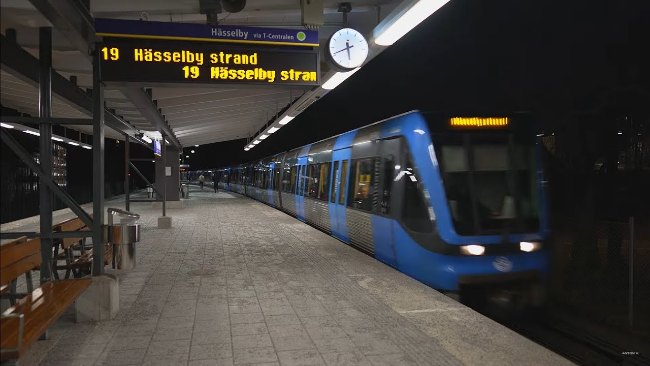 Sweden, Stockholm, subway night ride from Sockenplan to Globen