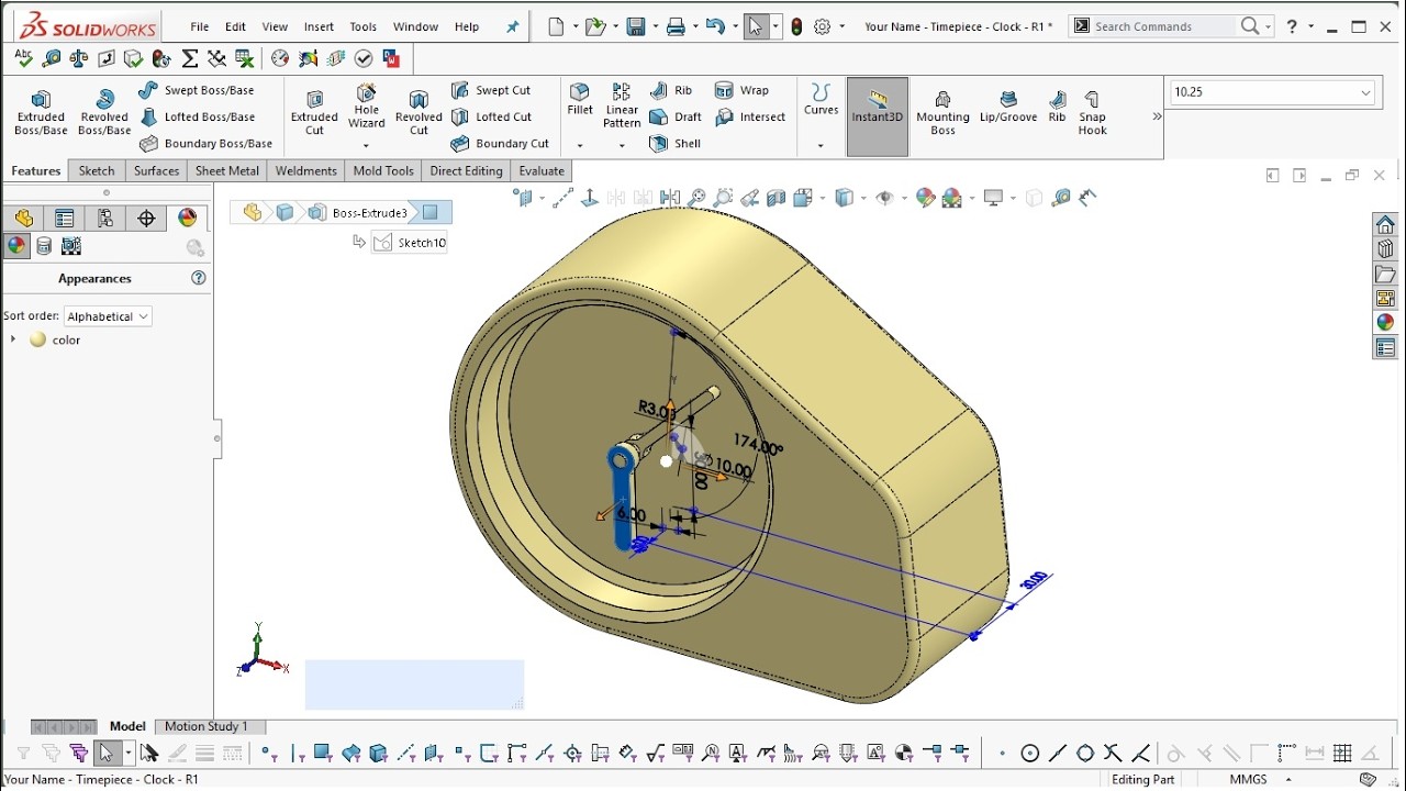 Solidworks - Model the arms of a clock and easily control their direction