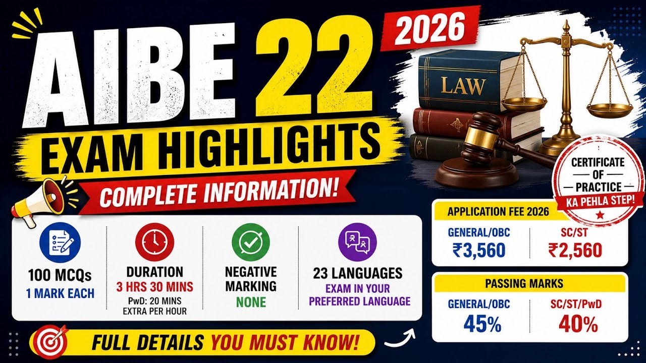 AIBE 22 Exam Highlights 2026 | Fees, Exam Pattern & Passing Marks Details of AIBE 22 | AIBE Details