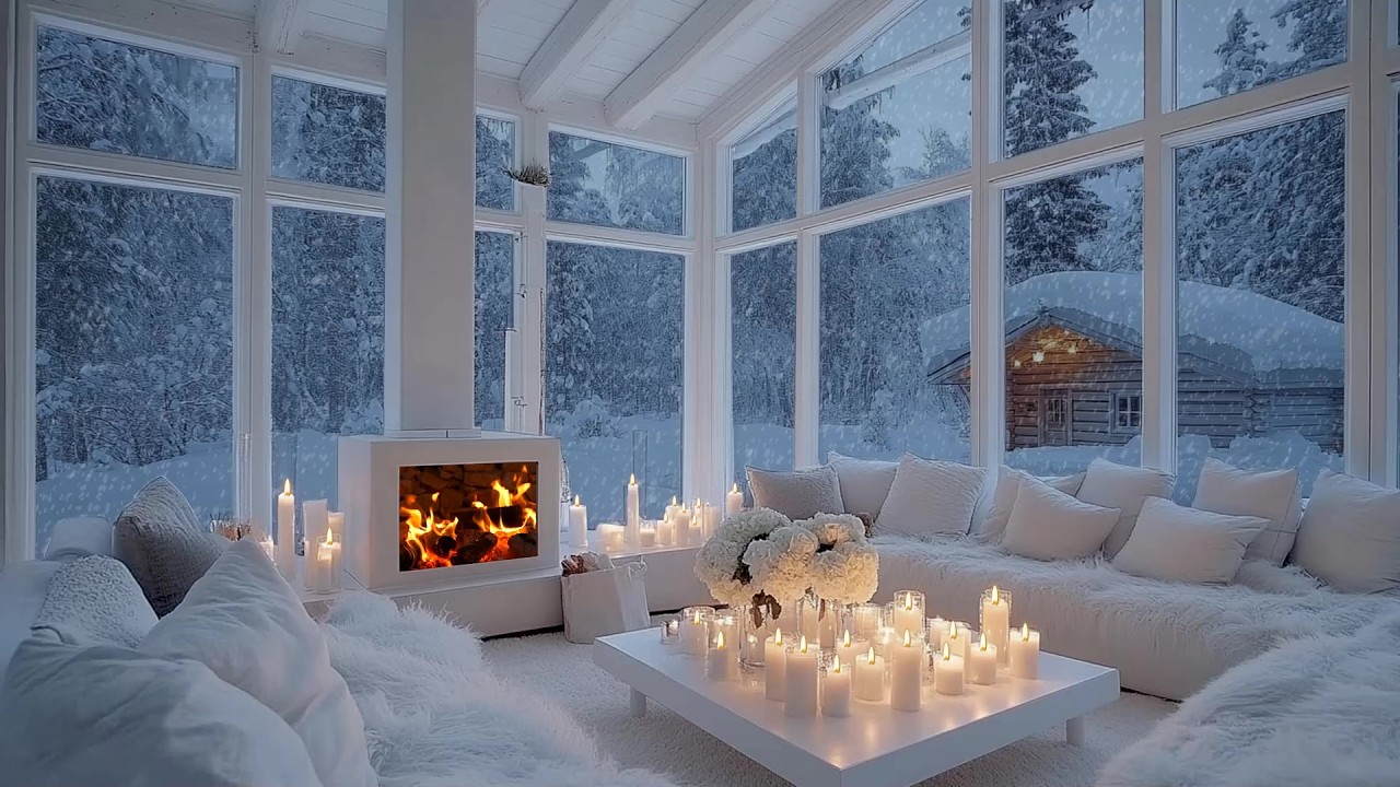 ❄️🎶 Serene Snowfall Piano Lounge Room | Warm Firelight & White Flowers | Sleep and Study Focus