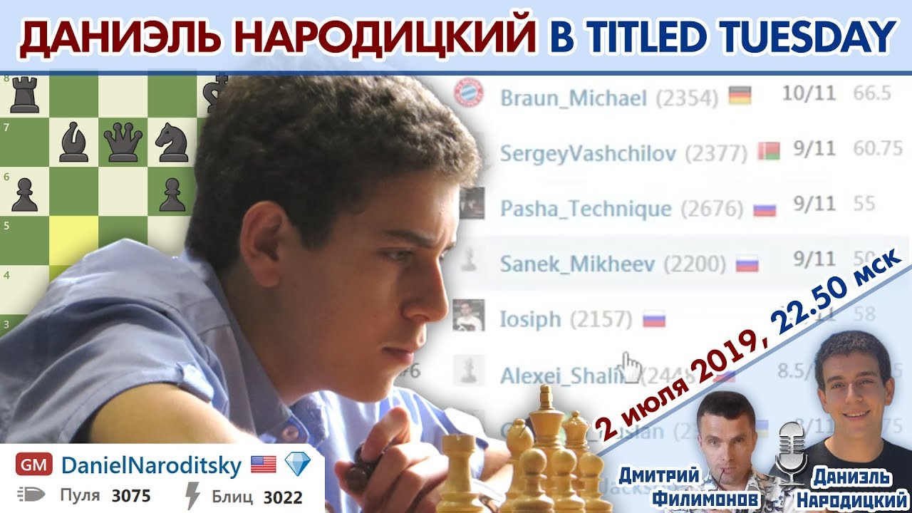 Шахматы блиц ♕ Даниэль Народицкий 👑 Titled Tuesday июль 2019 🎤 Д. Филимонов, Д. Народицкий