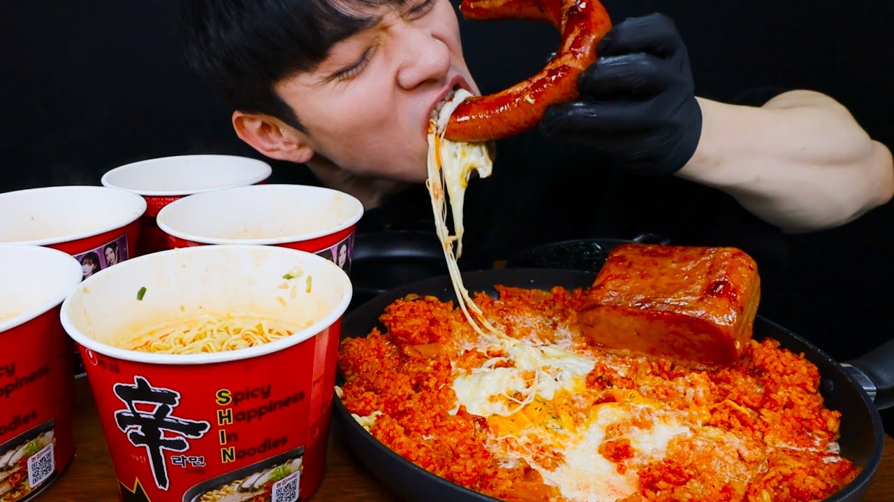 ASMR 크림김치볶음밥 & 킬바사소세지 & 통스팸 & 신라면5개 먹방 SHIN RAMYUNN & KIMCHI FRIED RICE & SAUSAGE & SPAM MUKBANG