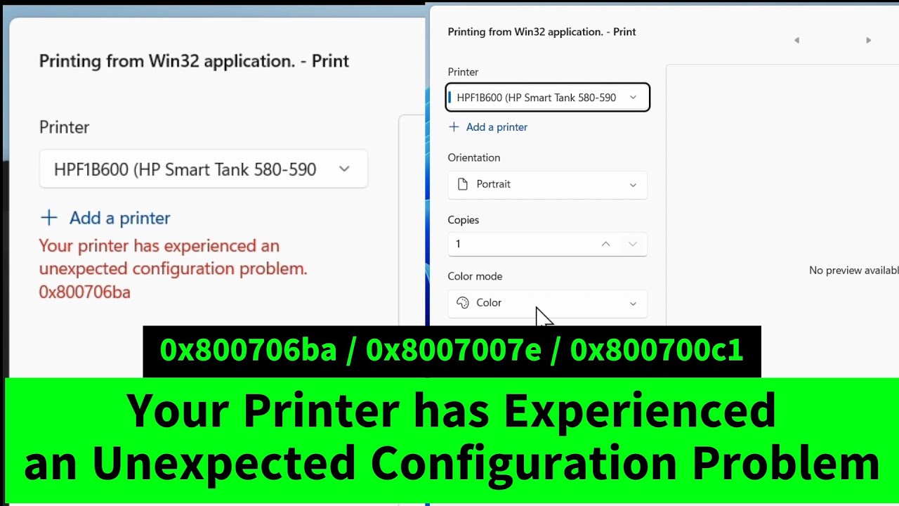 Your Printer has Experienced an Unexpected Configuration Problem 0x800706ba / 0x8007007e /0x800700c1