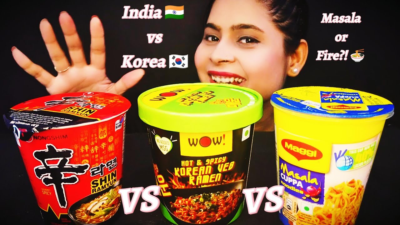 ASMR MUKBANG India 🇮🇳 vs Korea 🇰🇷 Cup Noodles Challenge 🍜  Maggi vs Nongshim vs WOW SPICY TASTE TEST