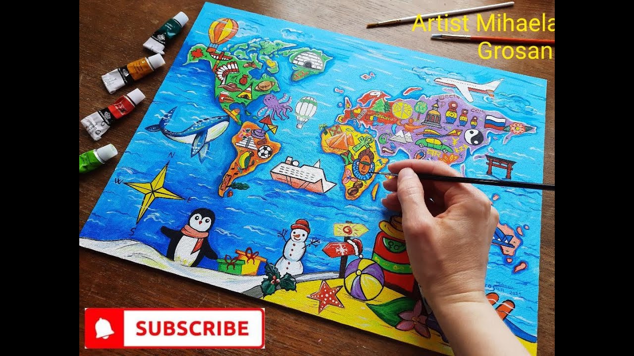 How to paint a world map? Love travel art | Cómo pintar un mapa del mundo? Amor arte de viajes #38