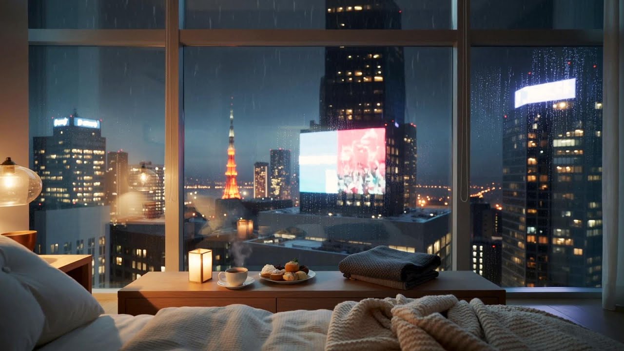 Cozy Tokyo Bedroom Rainy Night ☔🌆 | Chill LoFi Beats for Study, Relax & Sleep
