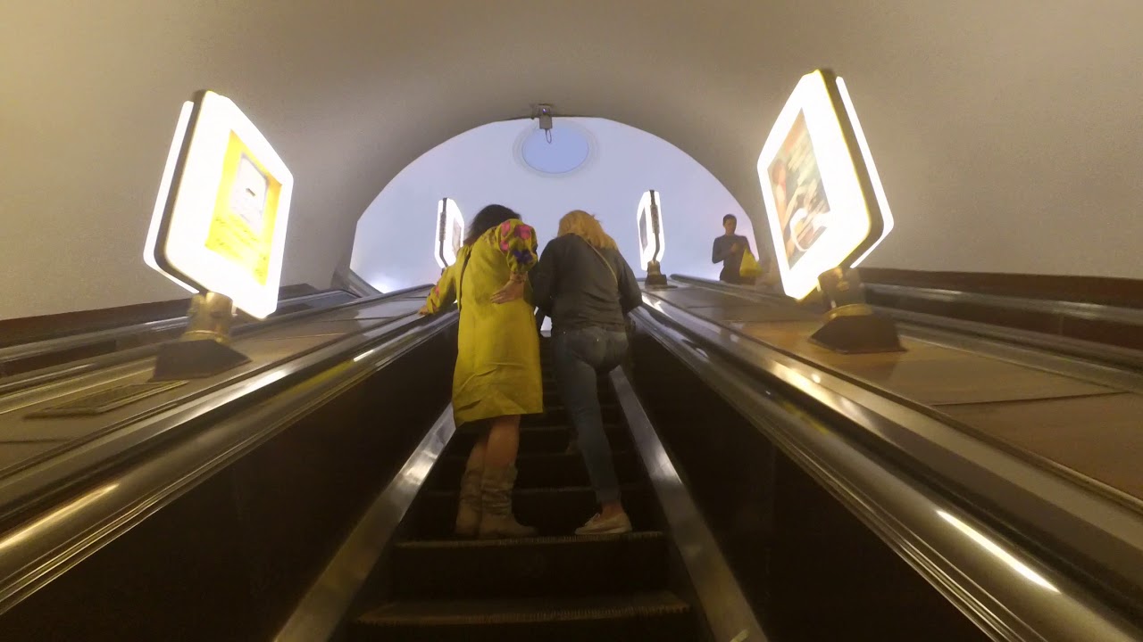 Going up worlds deepest metro station - Arsenalna on Kiev Metro's