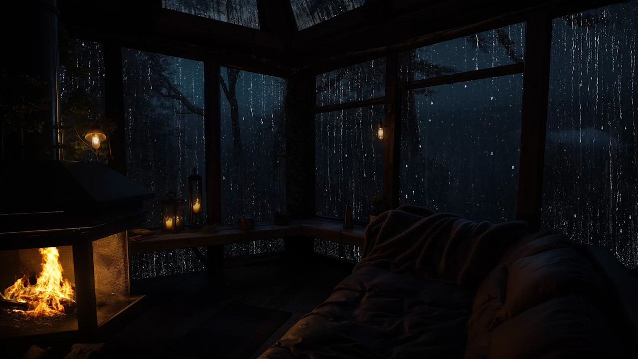 Fireplace Crackling in a Cabin During Rainy Night | Deep Relaxation and Sleep Sounds