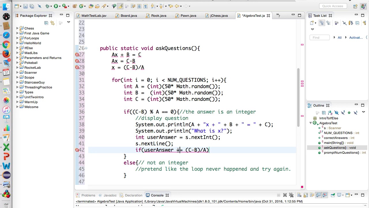Java Programming randomized algebra test