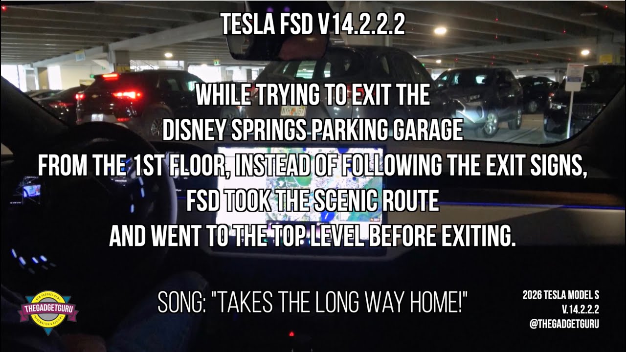 Tesla Model S 2026 года с системой FSD выбирает длинный путь домой при выезде из многоуровневой п...