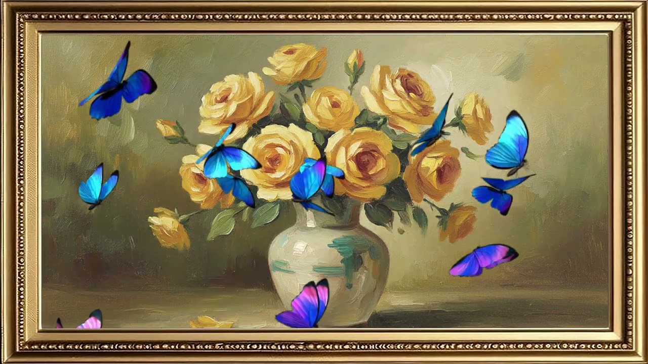 Vase and Butterflies 🦋 | Vintage Elegant Table Centerpiece | 4K Frame TV Art with Music