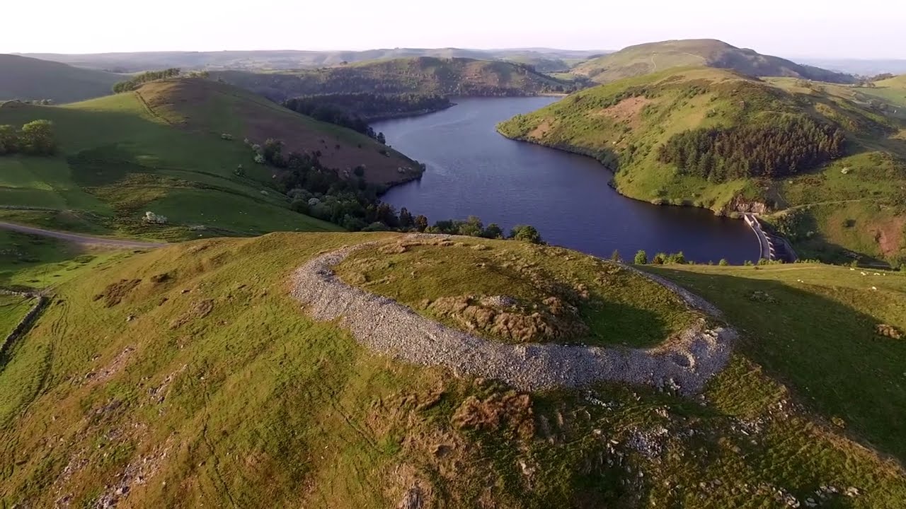 Llanidloes Llyn Clywedog Pen y gaer Hill Fort Mid Wales 4K Drone