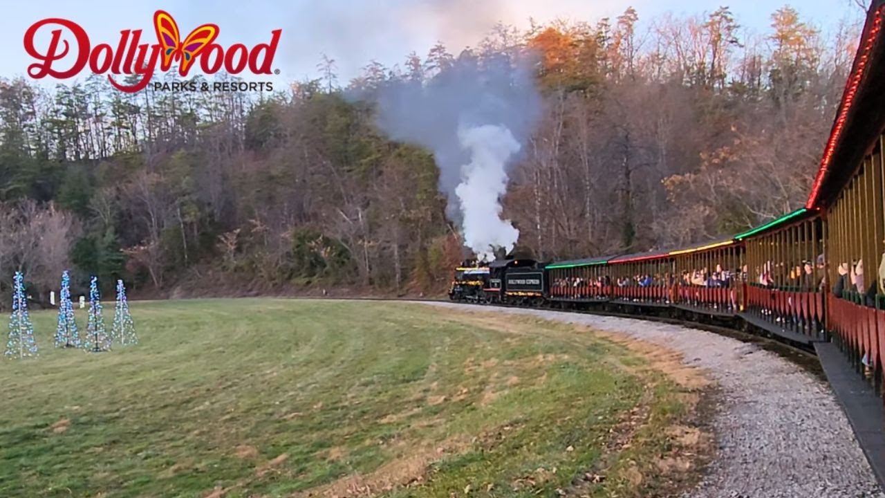 [4K] Dollywood Express AT DUSK during Smoky Mountain Christmas Full Steam Train Ride POV