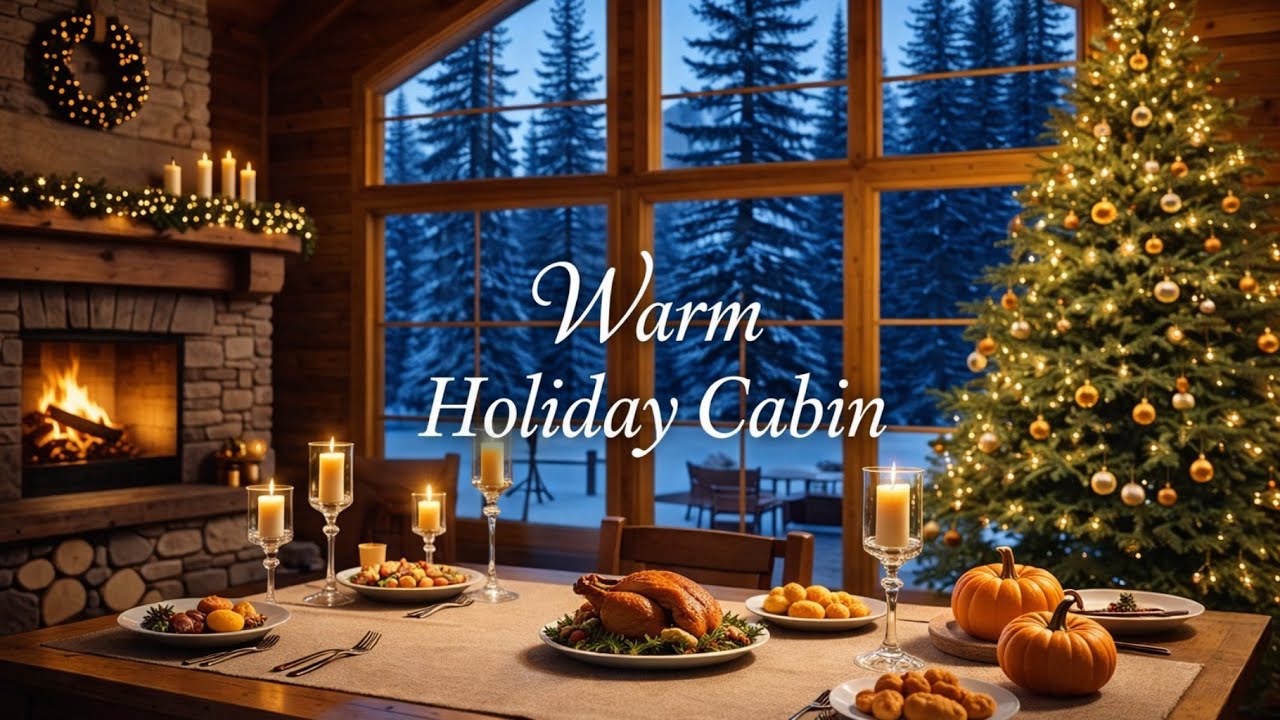 Cozy Thanksgiving Cabin Ambience 🍁🔥 | Snowy Winter Night, Fireplace & Relaxing Music (1 Hour)