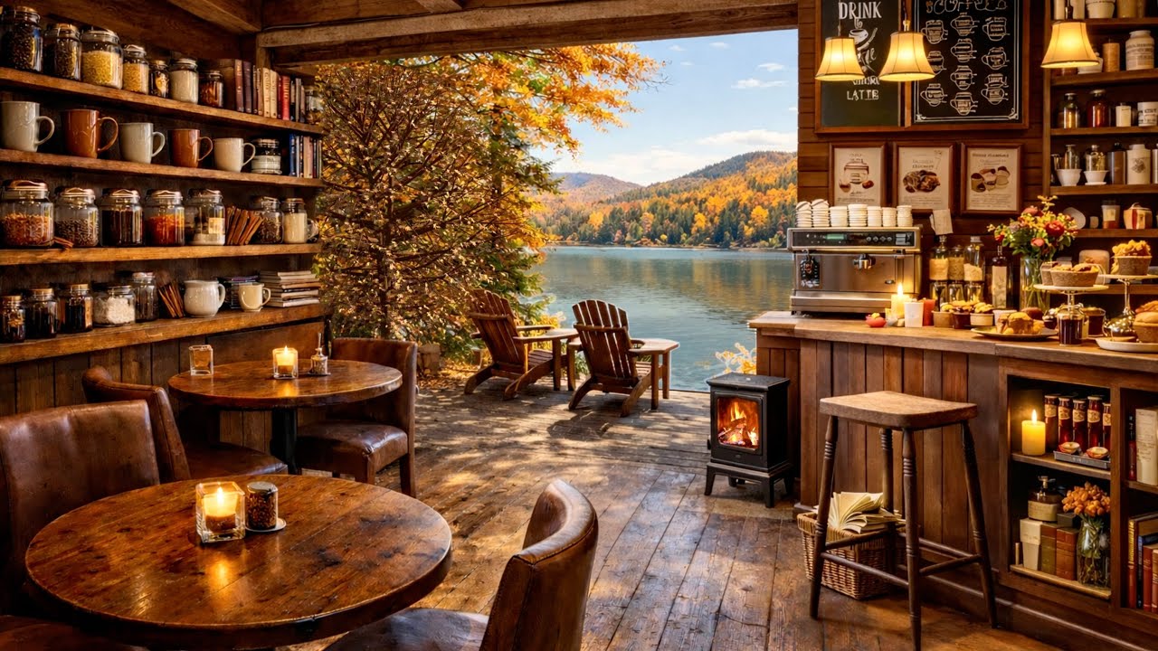 🍂 Cozy Coffee Shop Ambience 🎷 Smooth Piano Jazz Cafe ⛰️ Mountain Lakeview
