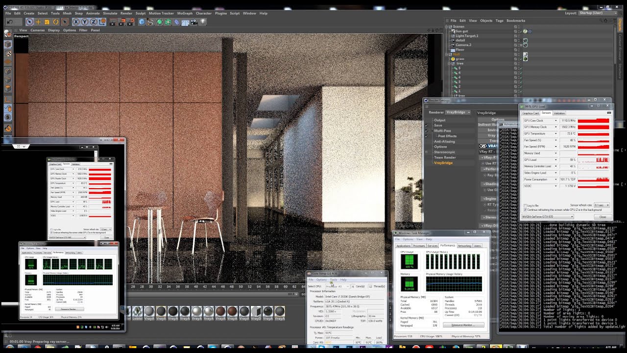 VRay RT on  VrayForC4D - Indoor Scene 3 GPU - 1 CPU 12 core