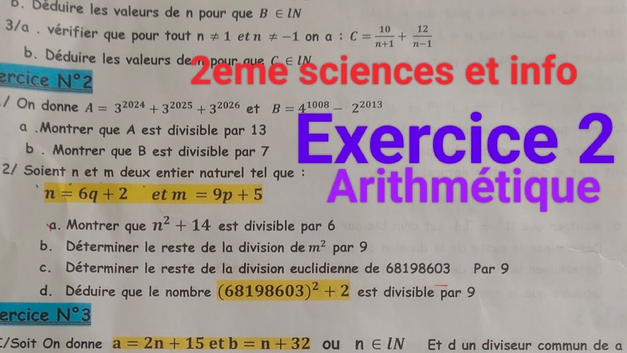 Pour 2ème sciences et info Arithmétique correction d'exN2