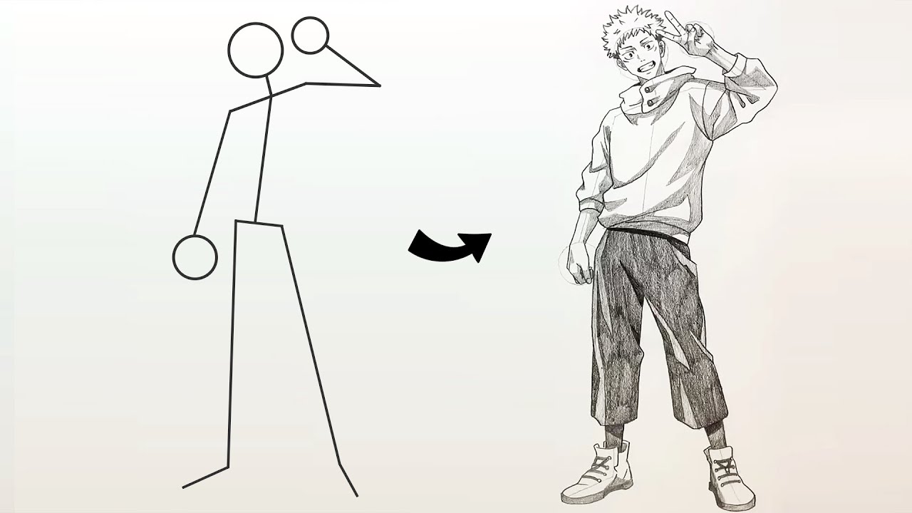 How to Draw Yuji Itadori Full Body out of Stick Man || Easy Step-by-Step || Jujutsu Kaisen