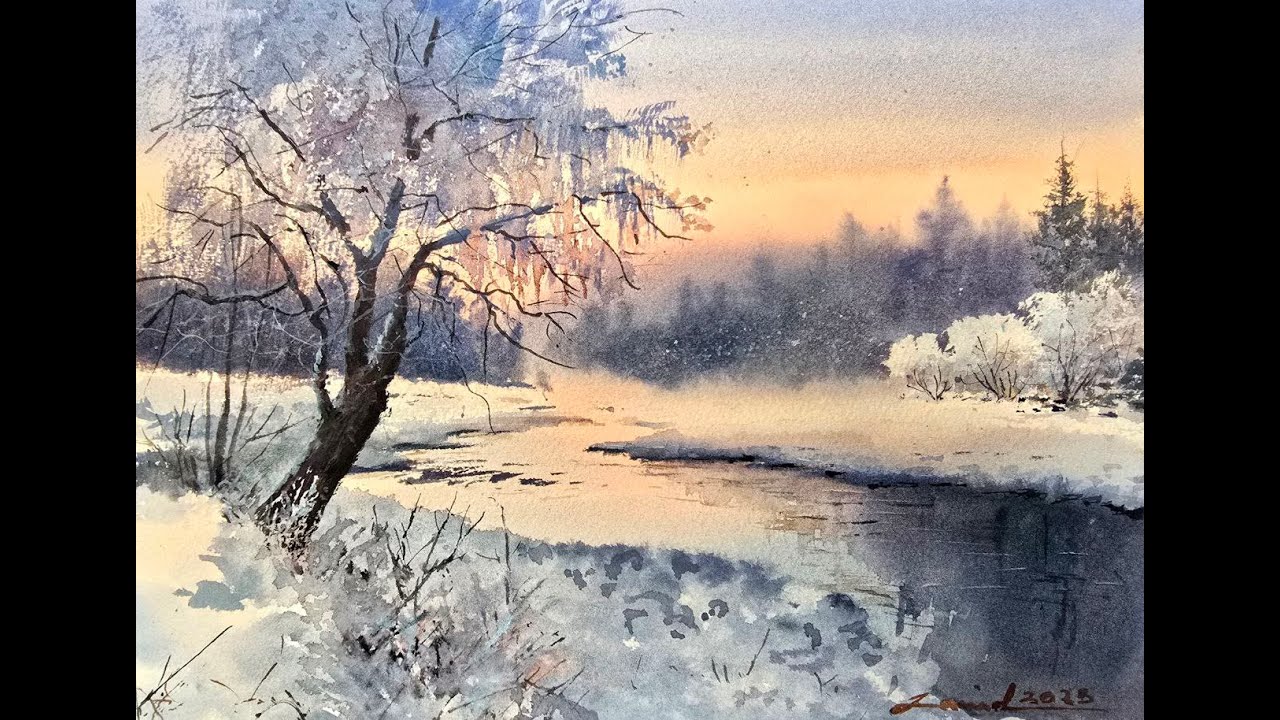 How to Paint a Winter River in Watercolor -Soft Snowy Landscape