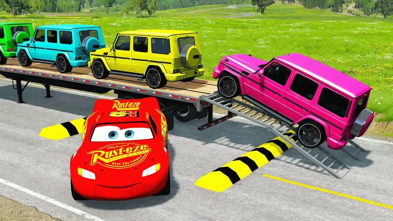 Flatbed Truck McQueen | Transportation with Truck - Pothole vs Car #56 | BeamNG.Drive Gameplay