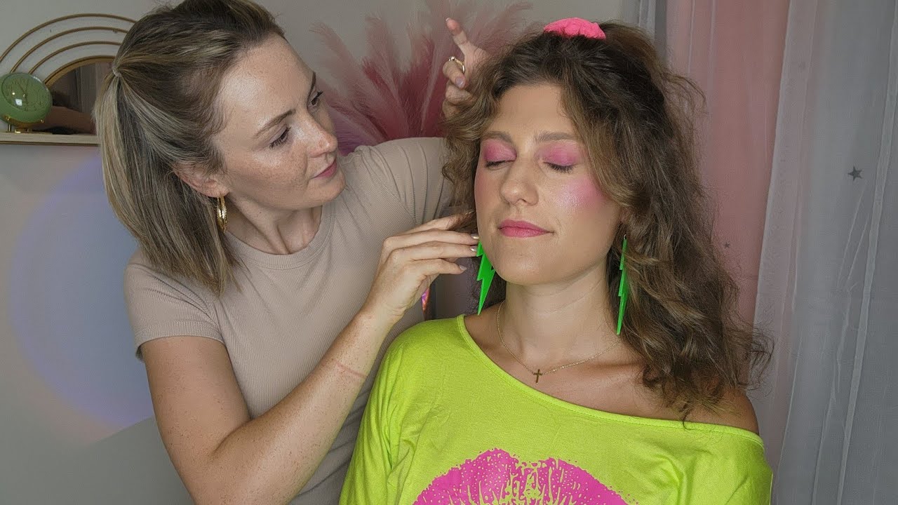 ASMR Perfectionist 1980's Curling & Teasing Hairstyle With Accessories - Makeup, Earrings, T-shirt