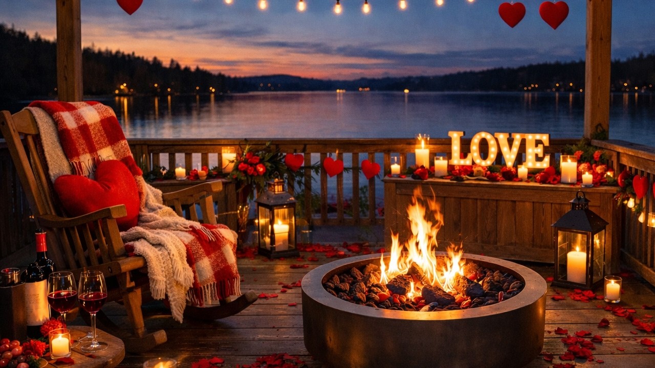 Lakeside Fire Pit 4K 🔥 Romantic Valentine’s Evening Ambience | Ocean Waves & Fire Sounds