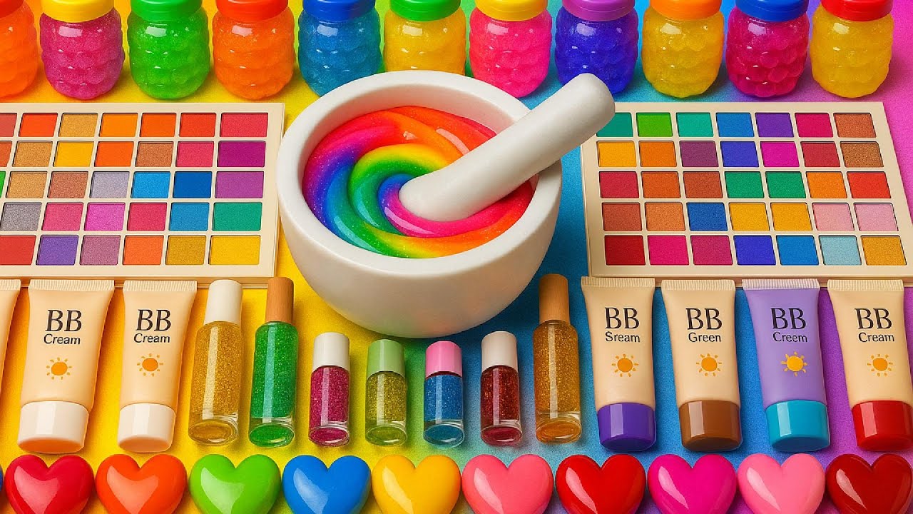 Satisfying Video DIY Slime ASMR Mixing Random Lipsticks Makeup Cosmetics Glitters into Glossy Slime