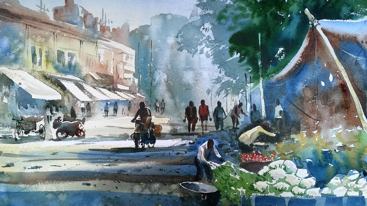 Watercolor Painting of a vegetable market | Watercolor landscape by Prashant Sarkar.
