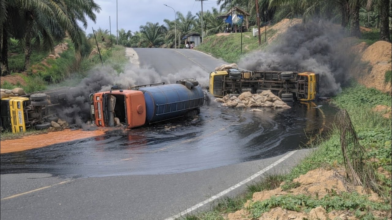 Detik - Detik Truck canter mundur kencang Dan Terbalik || Truc Tangki CPO Terbalik