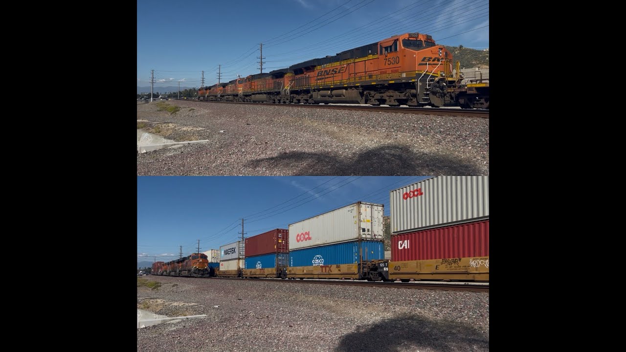 EB Monster BNSF Colorful Stack Train Meets WB BNSF Colorful Stack Train At Riverside, CA 
