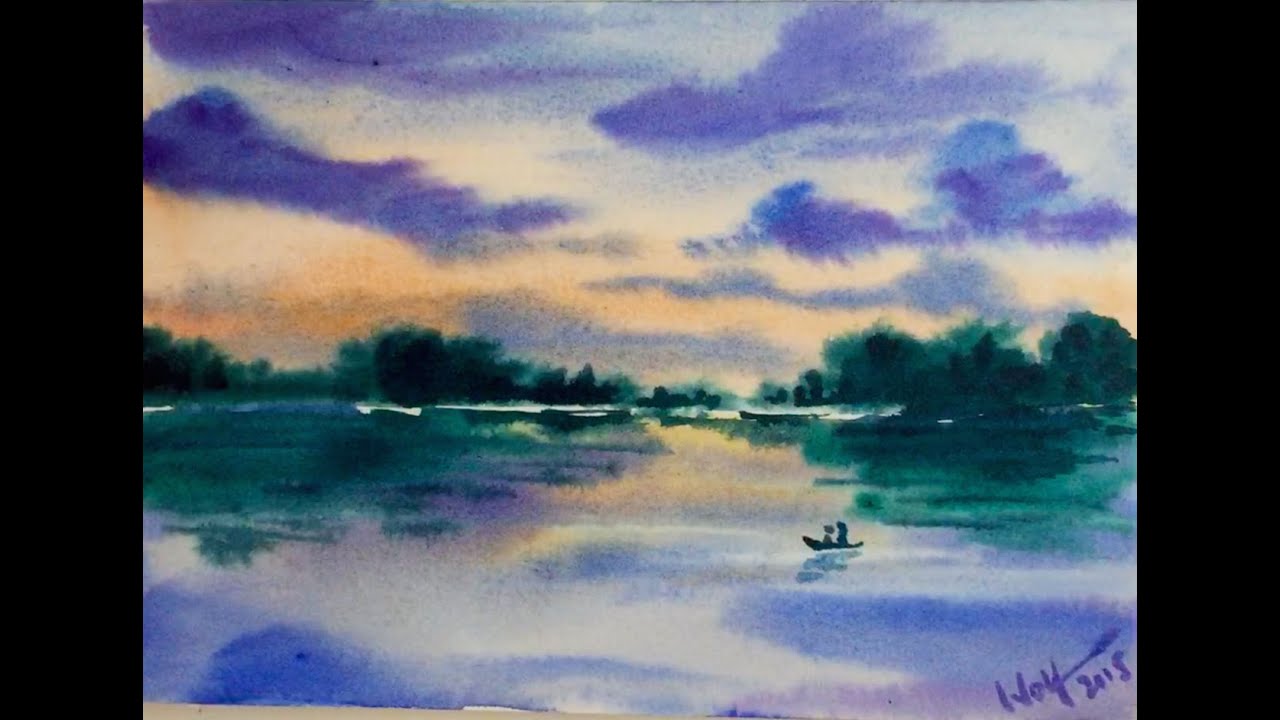 Watercolor Sunset Reflection Demonstration