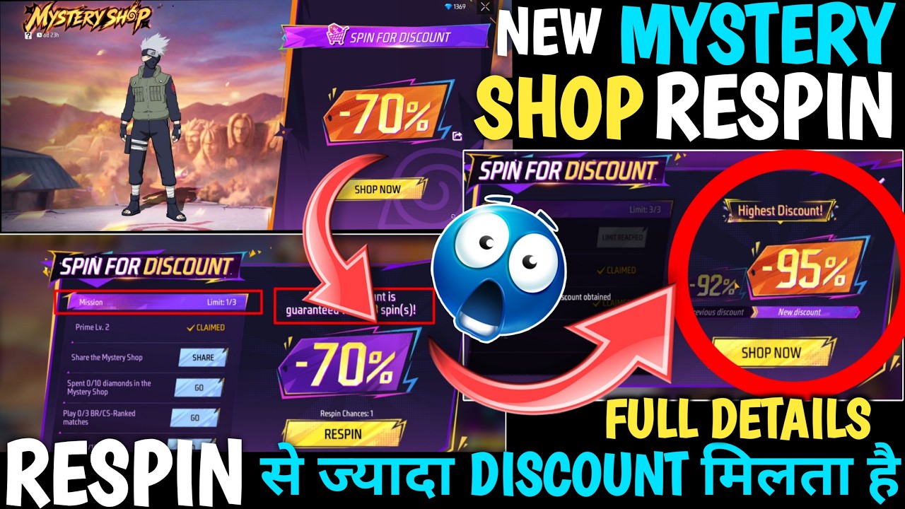 NEW MYSTERY SHOP FREE FIRE| SPIN FOR DISCOUNT RE SPIN NEW DISCOUNT MYSTERY SHOP 90% OFF RE-SPIN FF