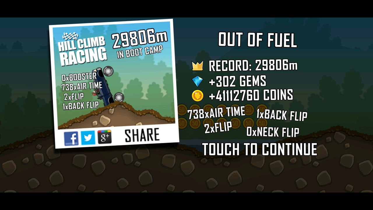 Hill Climb Racing: 29806m in Boot Camp on Super Diesel 4x4 (no boosters, no pets)