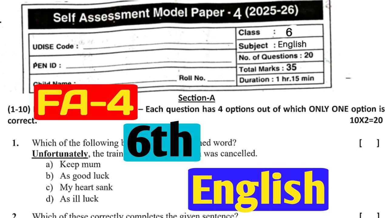 AP FA-4 Class 6 English Model Paper 2025-26 |English Important Questions with Answers