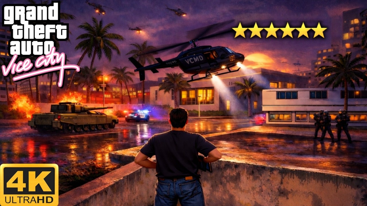 GTA Vice City: 6 Star Wanted Level and Escape | M4 & Chainsaw Showcase [4K 60FPS]