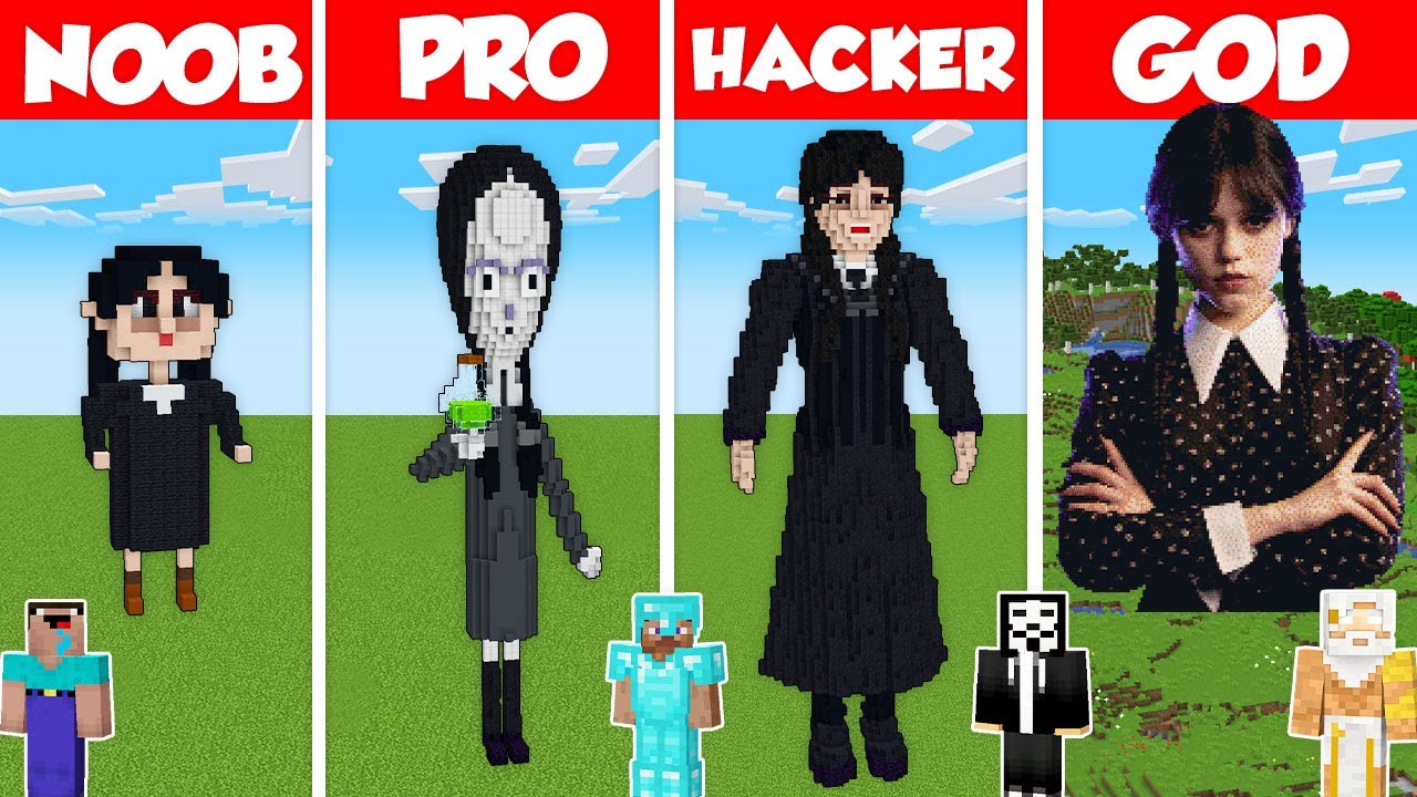 WEDNESDAY ADDAMS STATUE BUILD CHALLENGE - Minecraft Battle: NOOB vs PRO vs HACKER vs GOD / Animation
