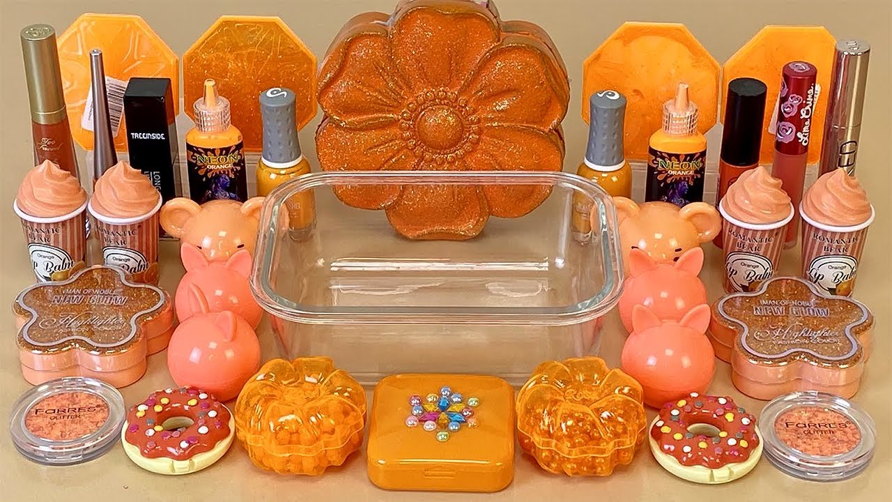 ASMR Slime 🧡 Mixing ”ORANGE” makeup, Eyeshadow, glitter into slime. Satisfying slime video.