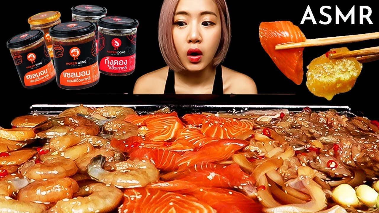 ASMR ทะเลดองซีอิ๊วเกาหลี แซลมอนดอง กุ้งดอง หมึกดอง โฮตาเตะ แมงกระพรุน | ASMR SEAFOOD GEJANG (게장)
