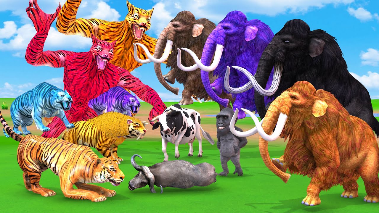 10 Mammoth Elephants vs Zombie Tiger Wolf Wild Animals Revolt Battle Simulator vs Cow vs Gorilla