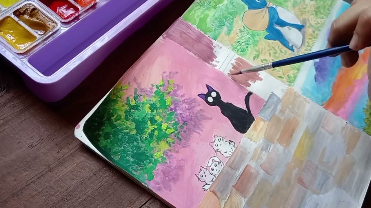 Ghibli studio scene 🐈‍⬛ painting #gouache #artideas #painting #easyart #arttips #artvlog #dailyvlog 