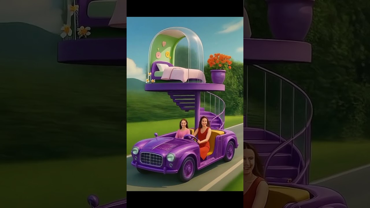 A Surreal Purple Convertible Car with a Transparent Dome Bedroom #DreamRideAi