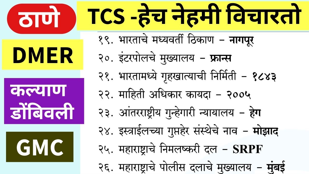 TCS GK Question | TCS हेच विचारतो | TCS GK Question Paper | All TCS GK Question Paper | Gk MCQ |