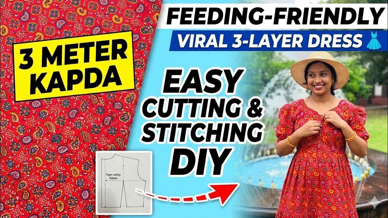 3 Layer Maternity Maxi Dress Cutting and Stitching | Sweetheart Neck & Puff Sleeve Dress Tutorial