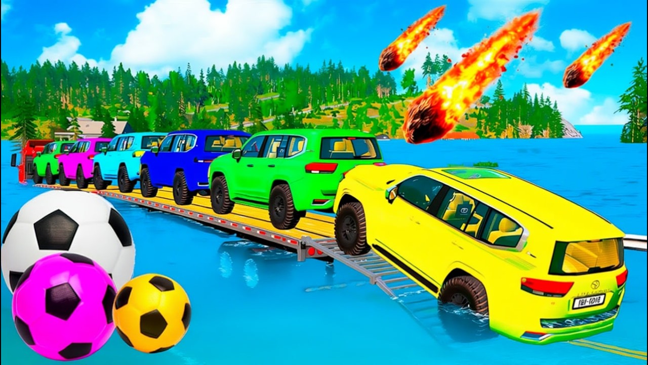 TRANSPORTING PIXAR CARS & FRUITS WITH COLORED & JOHN DEERE vs CLAAS vs TRACTORS - BeamNG.drive #983