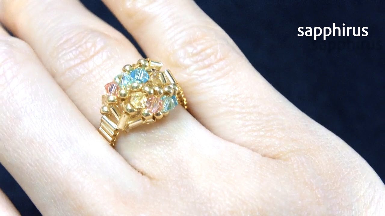 【ビーズステッチ】3mmのスワロフスキーで作る幾何学模様のビーズリング作り方/スパイラルロープ/DIY/Geometric Beaded Ring/seed bead/Swarovski bicone