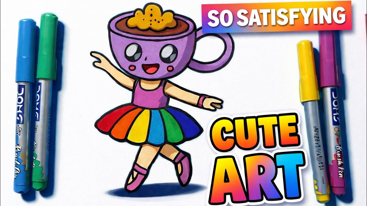 SO SATISFYING Cute Rainbow Cup Art 🌈✨ |Relaxing Coloring Drawing #ColoringVideo#ArtVibes#RelaxingArt