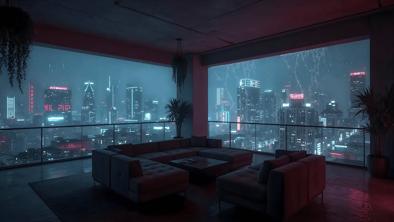 Shibuya City Lights from a Rainy Sky Lounge | Relaxing Lofi Music for Focus | 4K