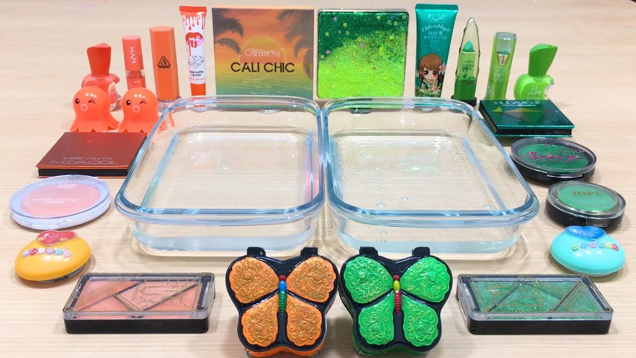 Orange vs Green ! Slime  Mixing Makeup Eyeshadow into Clear Slime ! Satisfying Videos #571